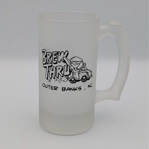 Brew Thru Outer Banks NC Frosted Glass Beer Mug Stein OBX Souvenir 5.5 inch